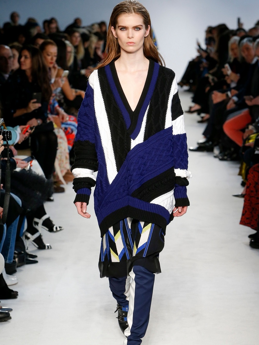 Emilio Pucci Colorblock Cable-Knit V-Neck Sweater in Blue, Black & Cream